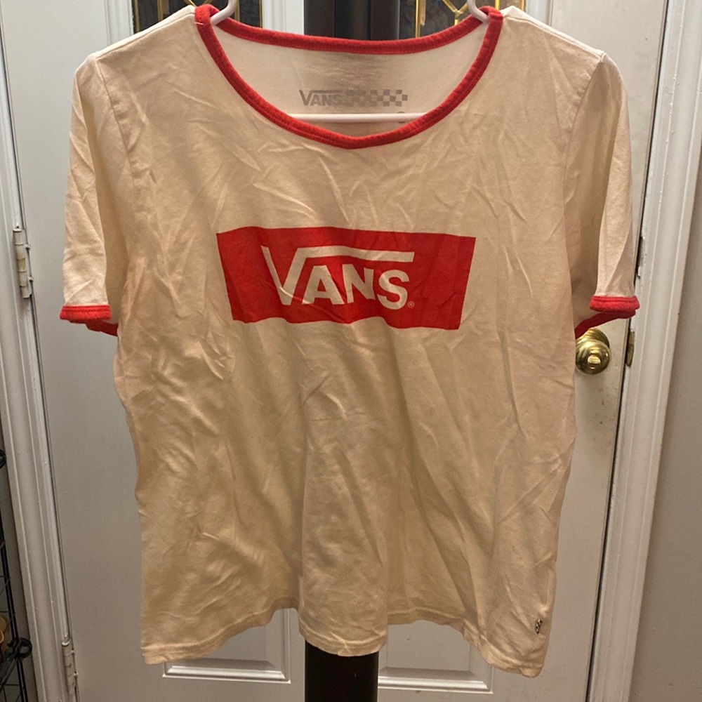 Vans. Off-white tee with red lettering and red caps on sleeves. Size L.
